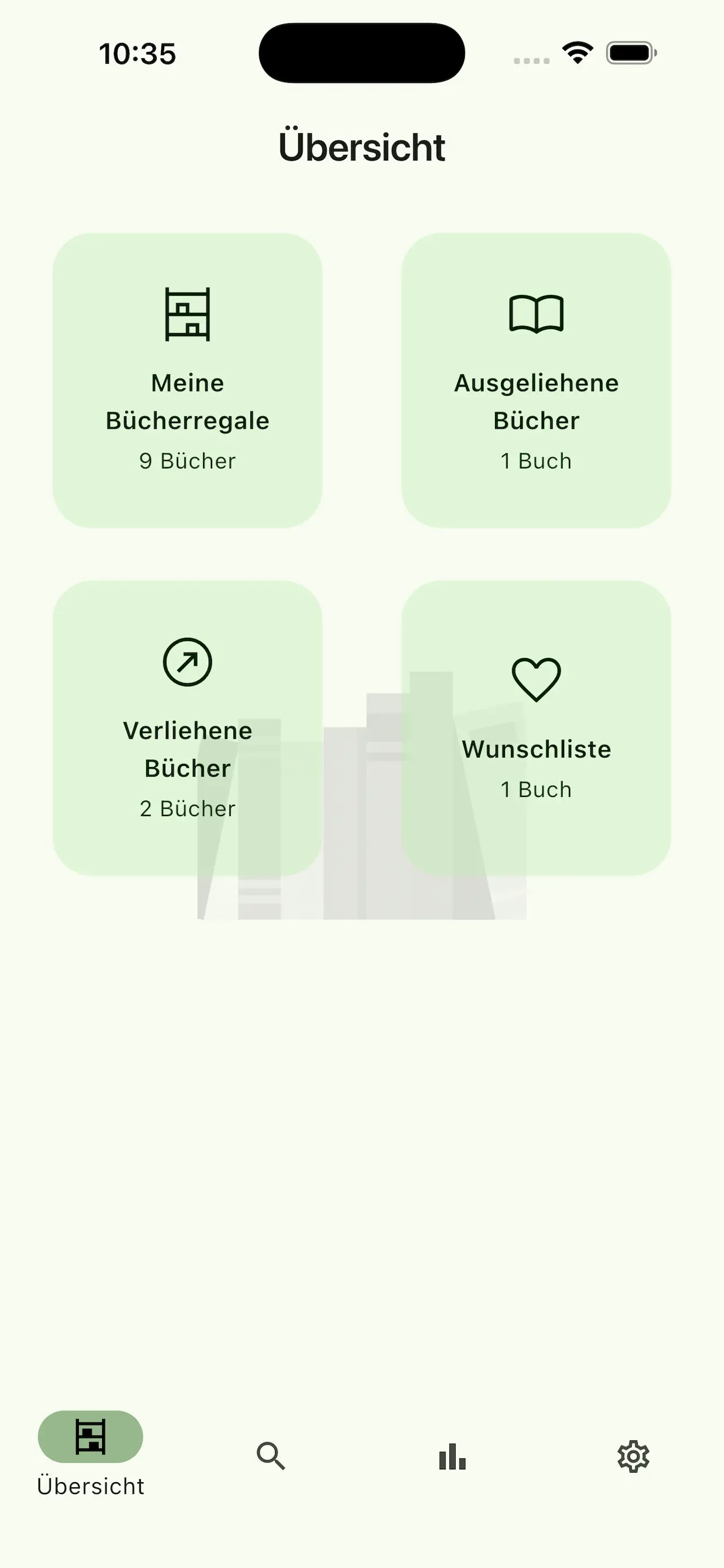 Dashboard mit Karten zu Regalen, ausgeliehenen, verliehenen Büchern und der Wunschliste