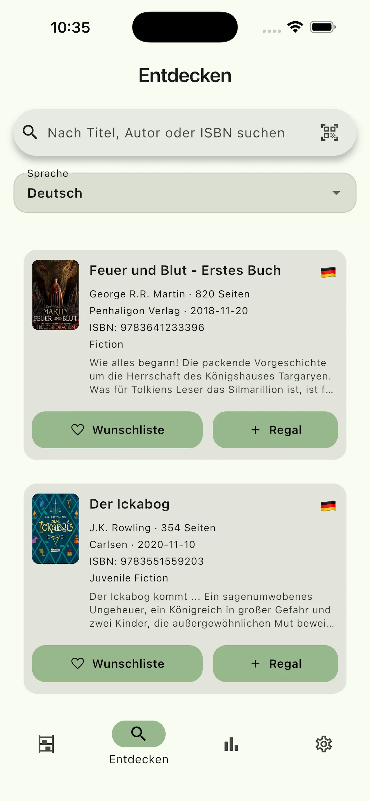 Entdecken-Ansicht mit Google-Books-Ergebnissen und Sprachfilter