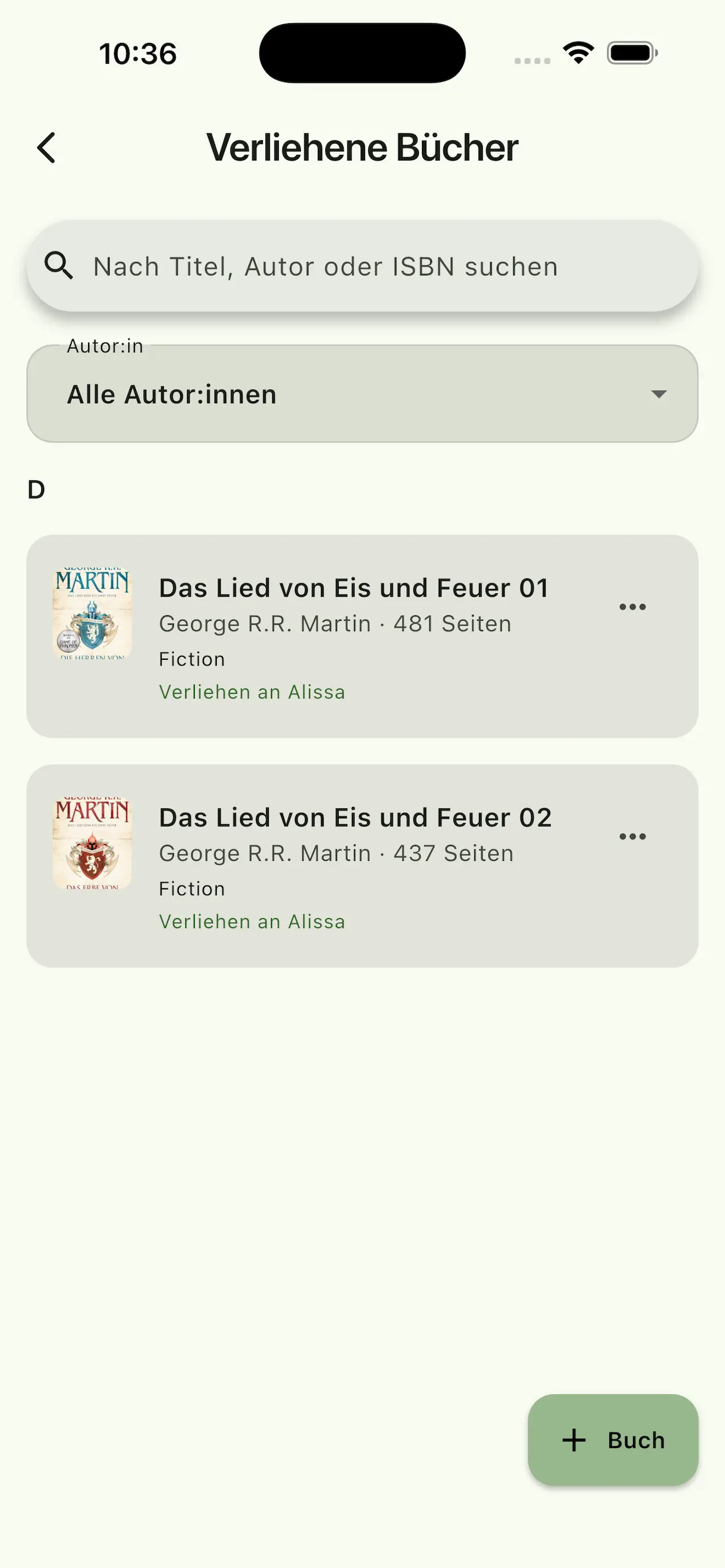 Liste verliehener Bücher mit Empfänger:innen und Status