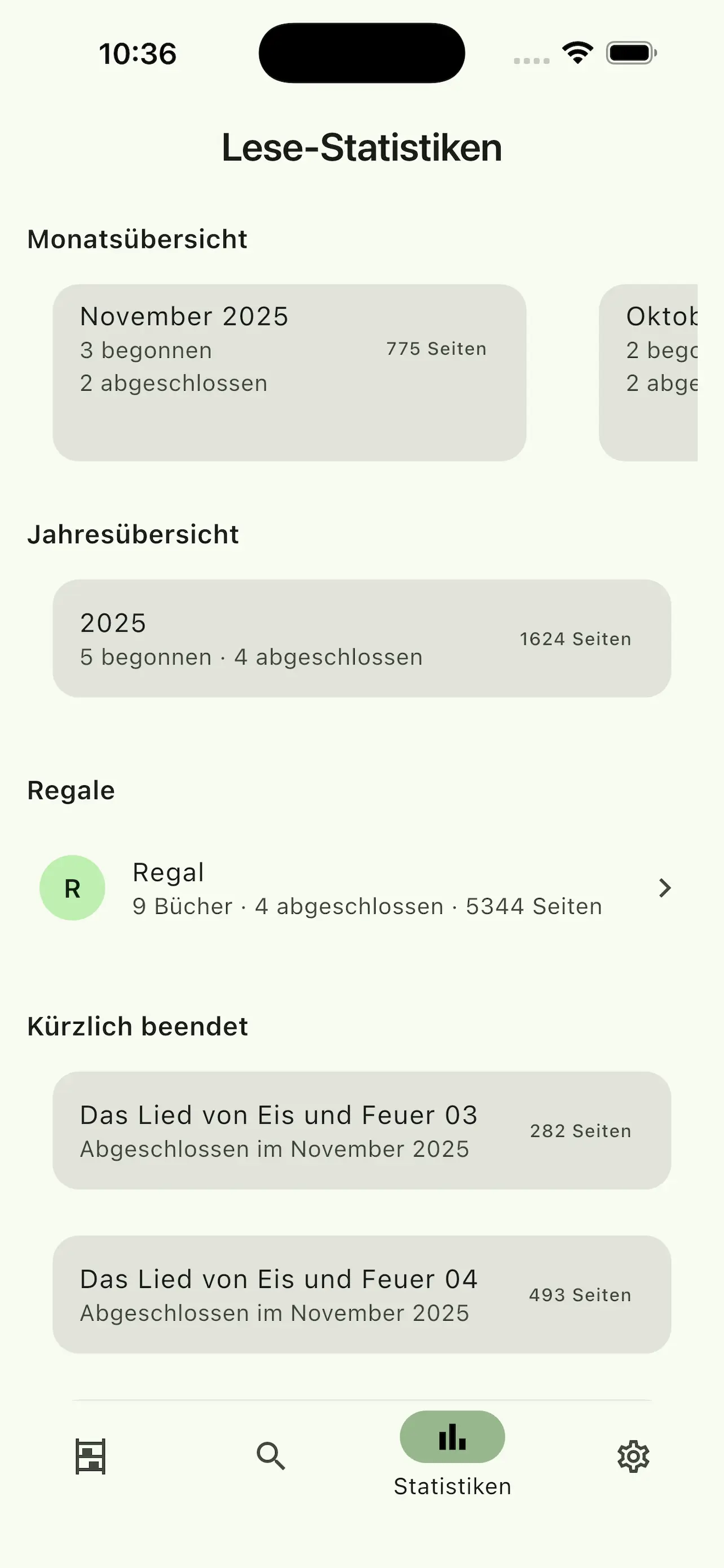 Ansicht der Lese-Statistiken mit Monatsübersicht und Regalen